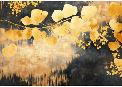 Луксозен фототапет със златни листа върху тъмен фон